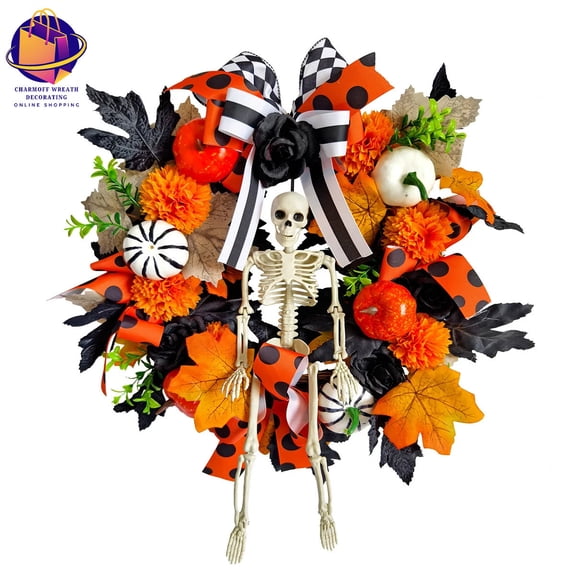 Halloween Skull Wreath Gothic Garland Creepy Decor for Home Front Door and Window Handmade Wall Window Ambiance Decor