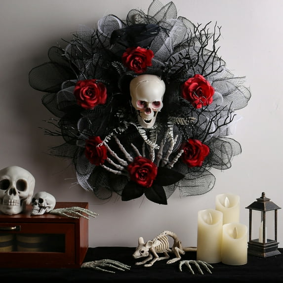 Halloween Skull Wreath for Front Door, Halloween Red Rose Skull Mesh Garland Door Hanging, Gothic Garland Creepy Decor for Home