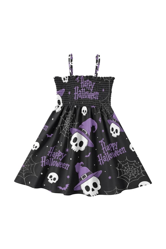 Halloween Skull with Witch Hat Araneid Web Girl's Adjustable Cami Dress Casual Sundress Smocked Ruffle A-Line 4T