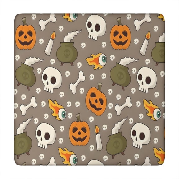 Halloween Skulls Pumpkins and Cauldrons Square Fitted Tablecloth with Elastic Edge,Square Table Cover,Washable Elastic Table Cover for Home Kitchen Party Decor 34"x34"