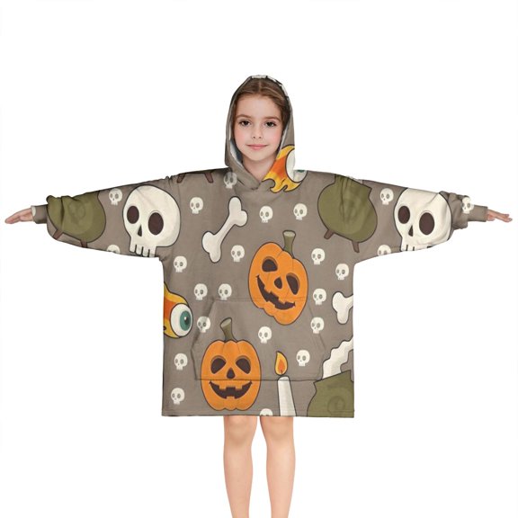 Halloween Skulls Pumpkins and Cauldrons Blanket Hoodies for Kids 6-13YR Oversize Wearable Blanket Hoodies for Boys Girls Teens