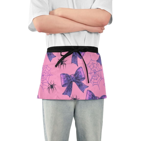 Halloween Skulls Purple Bows Araneid and Net Short Server Apron with 3 Pockets for Unisex Chef Gardening