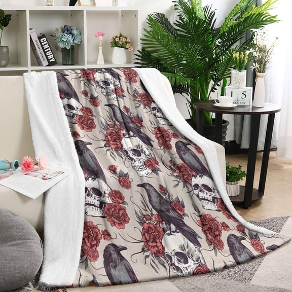 Halloween Skulls Ravens and Roses Blanket,Comfortable Soft Lamb Wool Throw Blanket,All Season,Warm Lightweight Blankets for Sofa Bed Couch Living Room Chair,60"x80"
