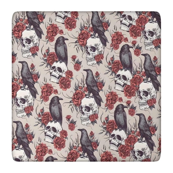 Halloween Skulls Ravens and Roses Square Fitted Tablecloth with Elastic Edge,Square Table Cover,Washable Elastic Table Cover for Home Kitchen Party Decor 36"x36"