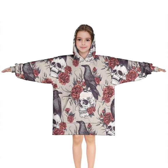 Halloween Skulls Ravens and Roses Blanket Hoodies for Kids 6-13YR Oversize Wearable Blanket Hoodies for Boys Girls Teens