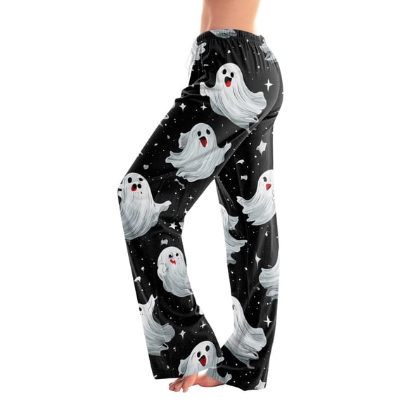 Halloween Sleep Pants for Women Bat Ghost Print Drawstring Stretchy Pajama Pants