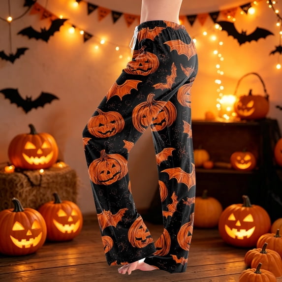 Halloween Sleep Pants for Women Ghost Print Drawstring Stretch Pajama Bottoms Soft