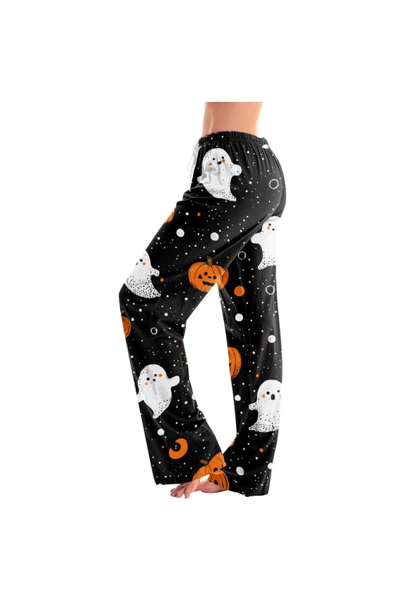 Halloween Sleep Pants for Women Ghost Print Drawstring Stretchy Pajama Pants