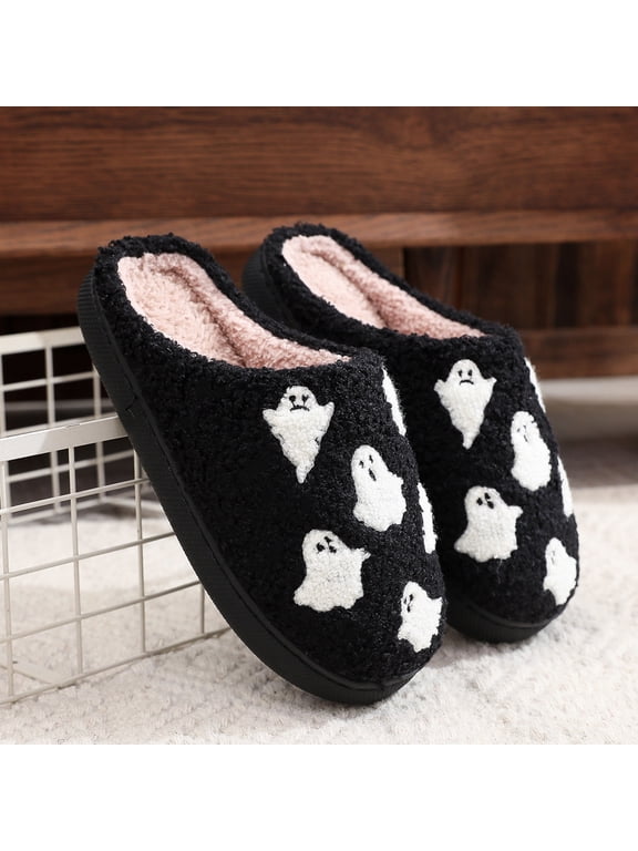 Halloween Slippers for Women Men, House Slippers for Women Men Cozy Spooky Ghost Women Men Slippers, Warm Cute Pink Ghosts Plush Closed Toe Platform Anti-Slip Indoor Outdoor Slippers