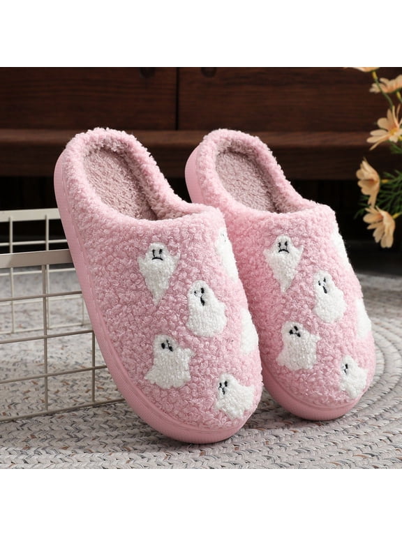 Halloween Slippers for Men Women Fluffy Plush Warm House Slippers with Ghost Design Non-Slip Home Spooky Shoes