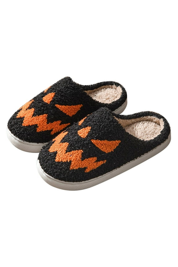 Halloween Slippers for Women, Embroidered Pumpkin Face Slippers, Soft Plush Spooky Slipper, Fuzzy Winter Holiday House Shoes, Festival Gifts