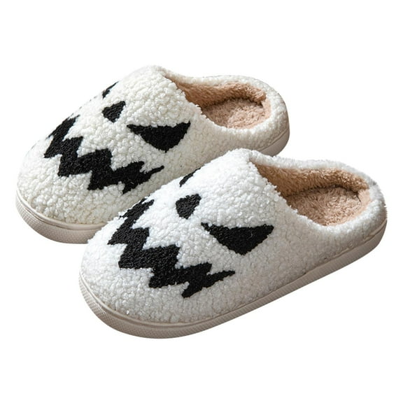Halloween Slippers for Women, Embroidered Pumpkin Smiley Face Slippers, Soft Plush Spooky Slipper, Fuzzy Winter Holiday House Shoes, Festival Gifts