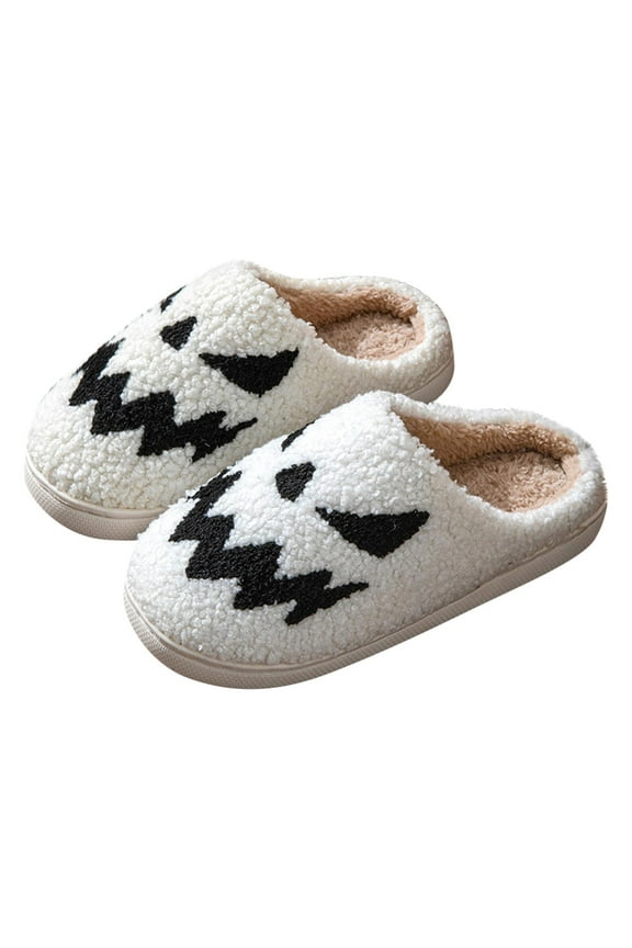 Halloween Slippers for Women, Embroidered Pumpkin Smiley Face Slippers, Soft Plush Spooky Slipper, Fuzzy Winter Holiday House Shoes, Festival Gifts