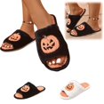 thumbnail image 1 of Halloween Slippers for Women Funny Pumpkin Print Open Toe Plush Cotton Slippers Anti-slip House Warm Shoes, 1 of 5