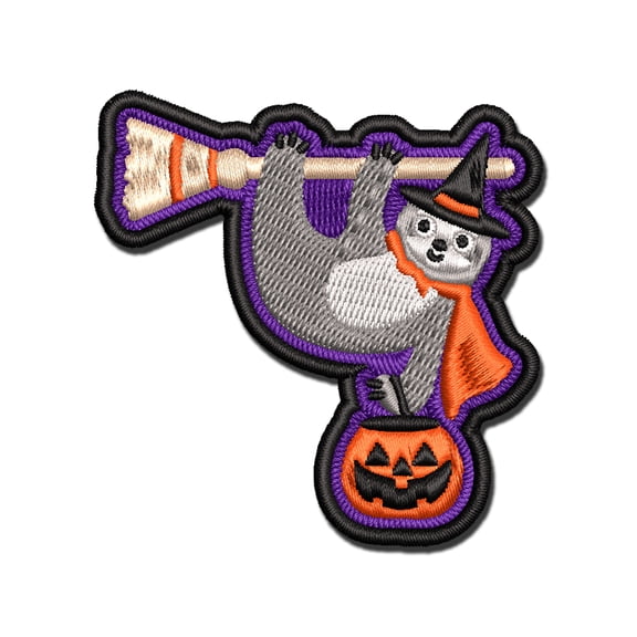 Halloween Sloth Witch and Broom Applique Multi-Color Embroidered Iron-On Patch - 2.0 Inch Mini