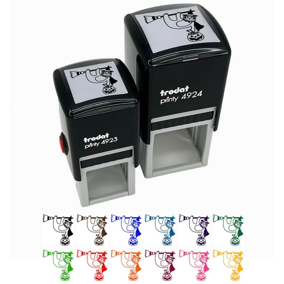 Halloween Sloth Witch and Broom Self-Inking Rubber Stamp Ink Stamper - Purple Ink - Small 1 Inch