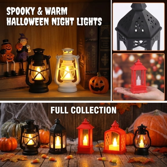 Halloween Small Night Light, Flameless Candle Tealight Holder, Small Hanging Lantern with Metal Ring Handle, 3.5X2.5 Inch Lightweight Plastic Moroccan Lantern, Clear Lattice Panel