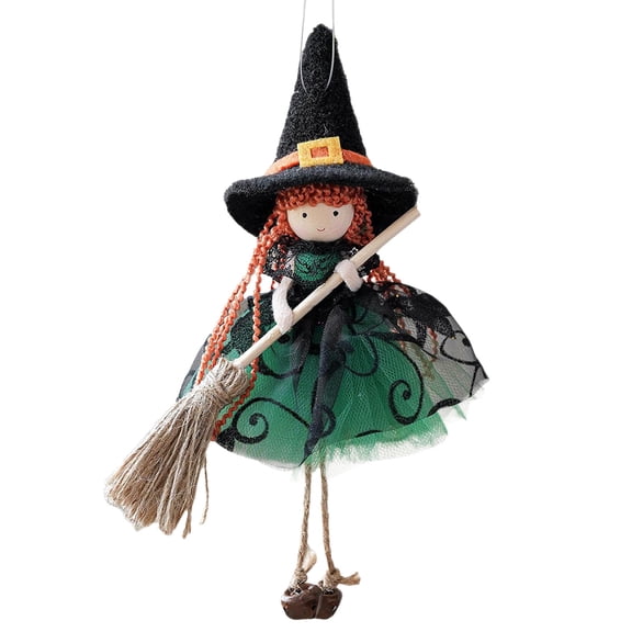 Halloween Small Witch Figurine with Skirt Hangable Witch Doll Ornament, Halloween Hanging Decoration for House Room Door Window, Green