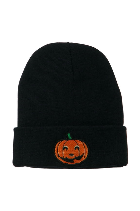 Halloween Smile Jack o Lantern Embroidered Long Beanie - Navy OSFM