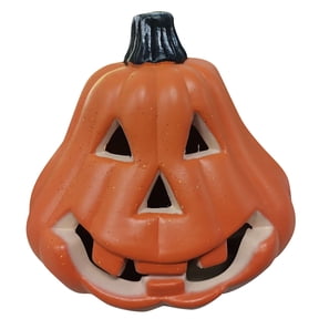 Halloween Smiley Face Pumpkin Lantern Decor, Cheerful Glowing Jack O Lantern Figurine with Happy Expression for Tabletop Shelf Mantel Entryway Fall Home Accent
