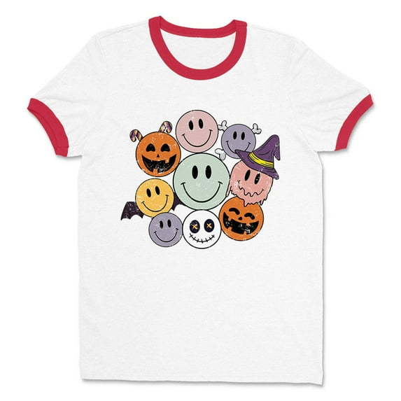 Halloween Smileys Ringer Tee Shirt Unisex 2X-Large White/Red