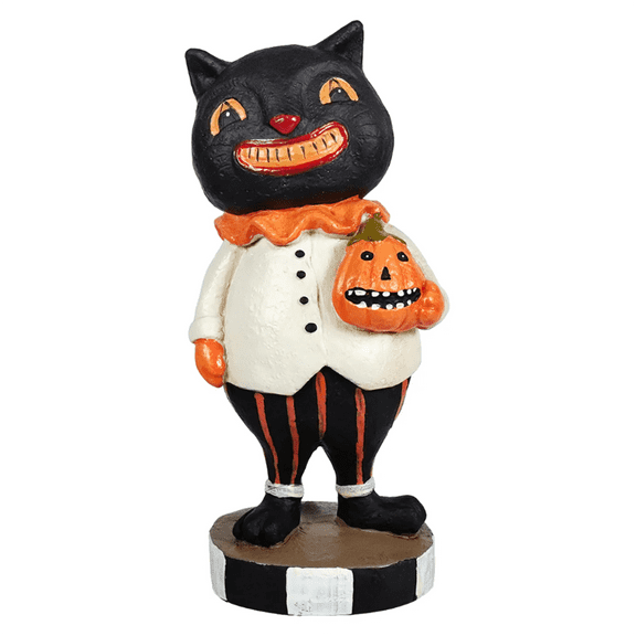 Halloween Smiling Cat & Pumpkin Plastic Figurine Black Cat in Dress Holding Pumpkin Ornament,Indoor and Outdoor Halloween Home Decor, Party, Festival Display, and Spooky Atmosphere