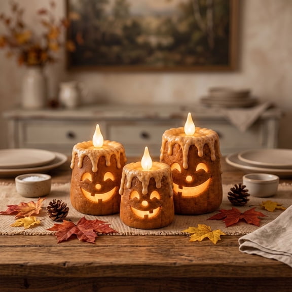 Halloween Smiling Pumpkin LED Electronic Candle Ornament, Safe Shatterproof Plastic Flickering Flame Light, Warm Glow Tabletop Mantel Shelf Centerpiece, Reusable Holiday Decor for Home Party