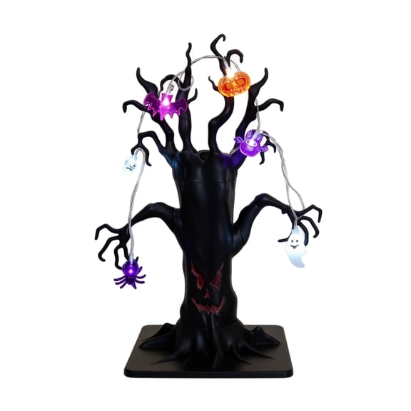 Halloween Smiling Tree Lamp, Twisted Ghost Trunk Light with Skulls Bats Pumpkins And Spiders, Colorful Pattern Tabletop Decor for Party Tables and Home, Spooky Gift