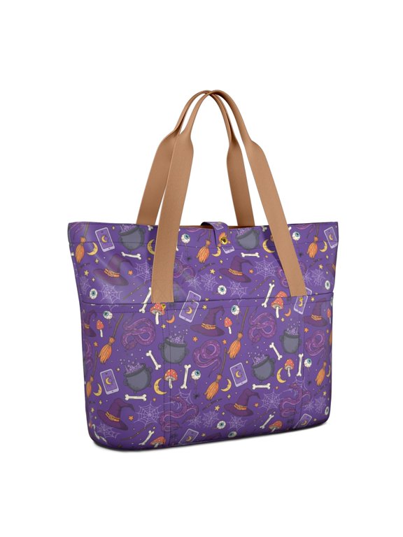Halloween Snake Cauldron Purple Pattern Large Tote Bag for Women, Polyester Roomy Carryall with Pockets and Zipper, Lightweight Gifts Ideas for Mom Wife Friend