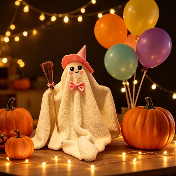 Halloween Snow Velvet Blush Ghost with Lights, Hat and Bow, 19.7 Inch Soft Plush Party Ornament for Indoor Haunted House Decor