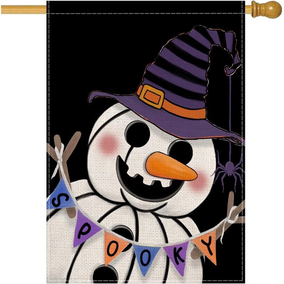 Halloween Snowman Spooky House Flag Double Sided 28x40 Inch Black Purple Stripes Witch Hat Spider Evil Snow Monster Holiday Yard Flag Outdoor Decoration