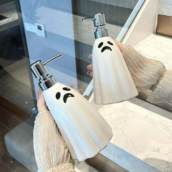 Halloween Soap Dispenser, Ceramic Soap Pump, Cute Ghost Shape Bathroom Soap Dispenser for Halloween Decor, White Glossy Finish, Compact Size 7.87x4.13x3.15 Inches, Durable and Practical