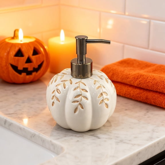 Halloween Soap Dispenser, Ceramics Refillable Hand Soap Dispenser,Halloween Fall Bathroom Essentials Pumpkin Home Decoration, Soap Dispenser for Kitchen (White)