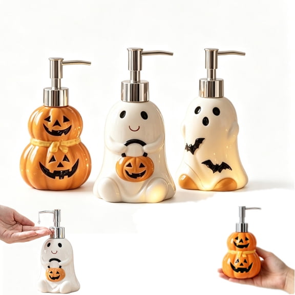 Halloween Soap Dispenser Decorations, Funny Halloween Orange Ghost Pumpkin Shape Bathroom Decor Refillable Soap Bottle with Pump Bathroom, Ceramic Lotion Liquid Hand Soap for Bathroom Kitchen
