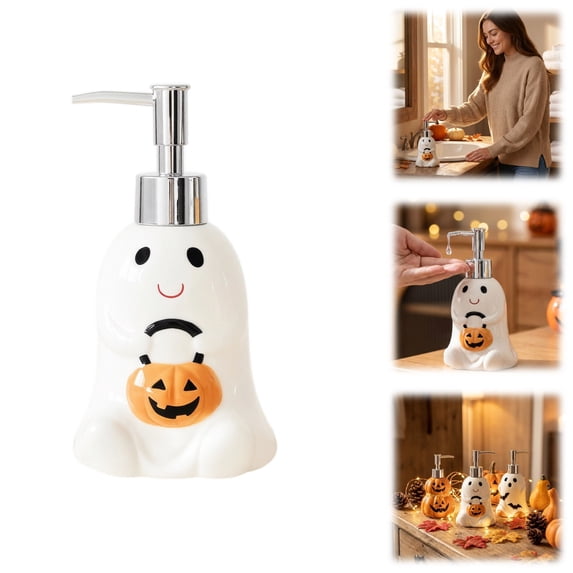 Halloween Soap Dispenser, Decorative Lotion Pump for Bathroom or Kitchen Countertop, Hand Painted Resin Halloween Decor (Ghost/B)
