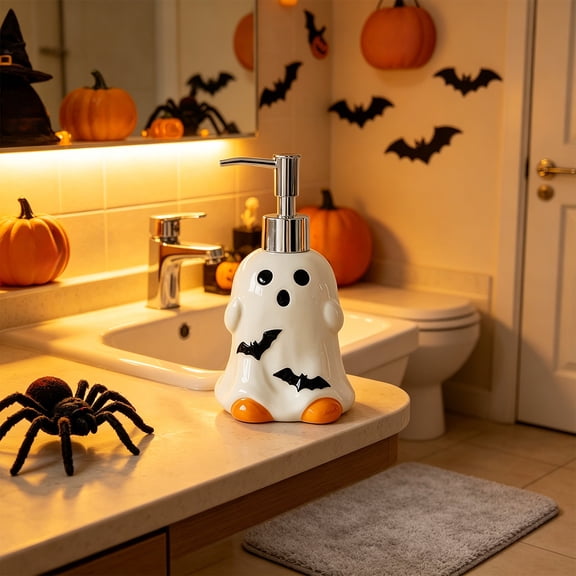 Halloween Soap Dispenser,Halloween Ghost Pumpkin Glossy Ceramic Refillable Bottle Leak Proof Metal Pump,Countertop Storage Container For Bathroom Kitchen Holiday Themed Decor