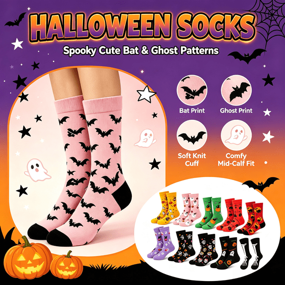 Halloween Socks, Breathable Soft Printed Crew Socks, Skeleton Pumpkin Witch Pattern, Funny Spooky Novelty Socks, Halloween Gift for Family & | TruHer,Light pink Free Size
