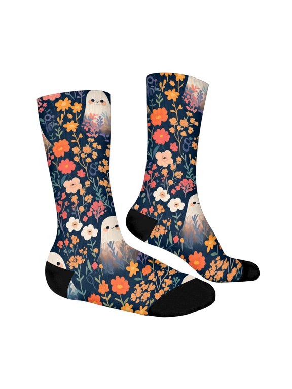 Halloween Socks Funny Cartoon Ghost Crew Socks Novelty Crazy Socks for Men Women Casual Athletic Comfortable Stretch Blue