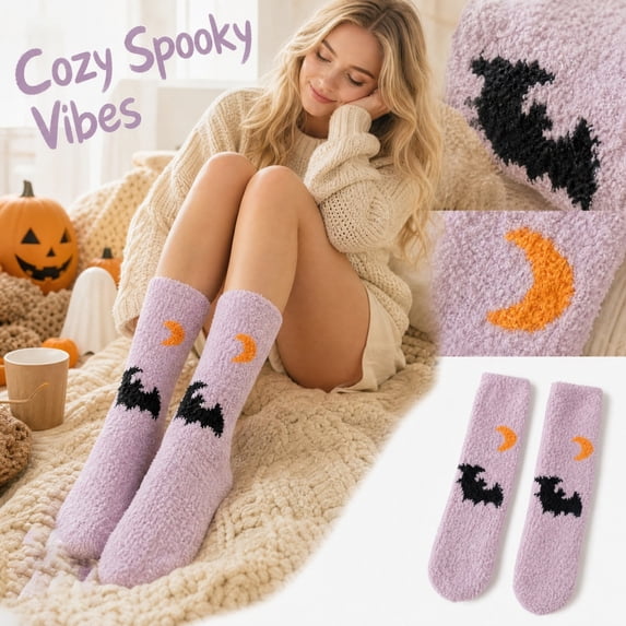 Halloween Socks for Women, Fuzzy Warm Mid Calf Slipper Socks with Cute Halloween Designs, Soft Cozy Fall Winter House Sock