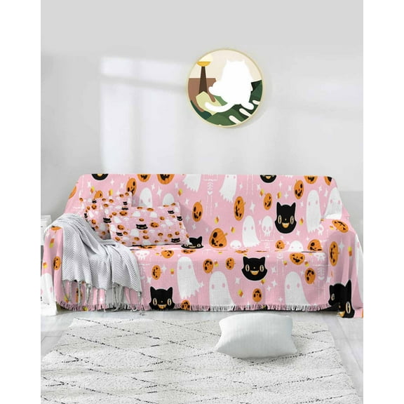Halloween Sofa Covers for 3 Cushion Couch,Washable Sectional & L Shape Couch Covers for Dog/Cat/Kid,Pink Orange Black Non Slip Sofa Slipcover Tassel Futon Cover 71''x150''
