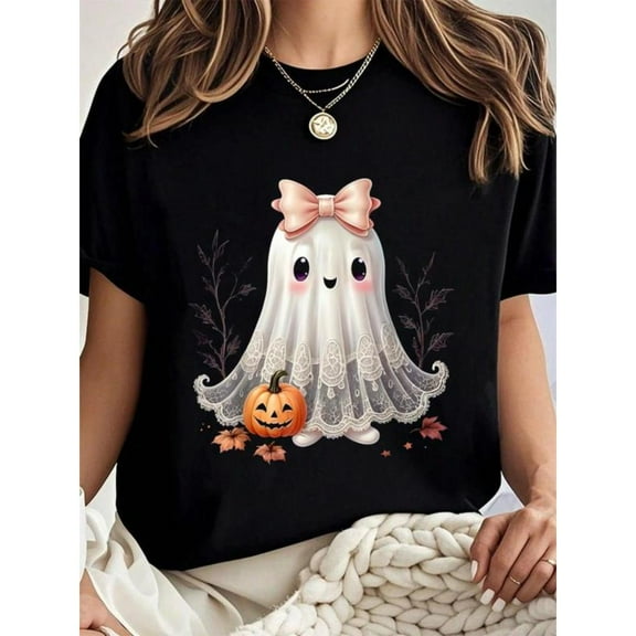 Halloween Soft Comfort Lace Ghost Tee Coquette Vintage T Shirt Cotton Graphic Tees Tops Design Black S-5XL
