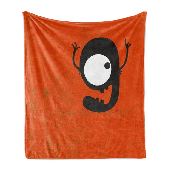Halloween Soft Flannel Fleece Blanket, Cartoon Style Illustration of the Letter G Monster on the Grunge Background, Cozy Plush for Indoor and Outdoor Use, 60" x 80", White Black Red, by Ambesonne