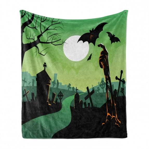 Halloween Soft Flannel Fleece Blanket, Cemetery Scene with Zombie Hand Through Ground Tomb Stones and Bats, Cozy Plush for Indoor and Outdoor Use, 60" x 80", Green Black and Orange, by Ambesonne
