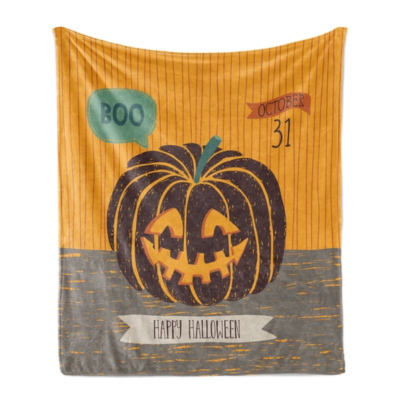 Halloween Soft Flannel Fleece Blanket, Creepy Pumpkin Says Boo in a Speech Bubbles Grunge Design Print, Cozy Plush for Indoor and Outdoor Use, 50" x 60", Orange Grey and Dark Mauve, by Ambesonne