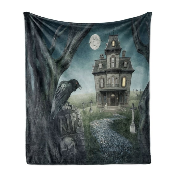Halloween Soft Flannel Fleece Blanket, Digital Illustration of Hauted House with Yambostones Old Trees and Crows Print, Cozy Plush for Indoor and Outdoor Use, 50" x 70", Multicolor, by Ambesonne