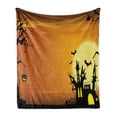 thumbnail image 1 of Halloween Soft Flannel Fleece Blanket, Gothic Haunted House Bats Western Spooky Night Scene with Pumpkin Drawing Art, Cozy Plush for Indoor and Outdoor Use, 50" x 60", Orange Black, by Ambesonne, 1 of 6
