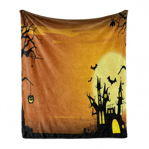 Halloween Soft Flannel Fleece Blanket, Gothic Haunted House Bats Western Spooky Night Scene with Pumpkin Drawing Art, Cozy Plush for Indoor and Outdoor Use, 50" x 70", Orange Black, by Ambesonne