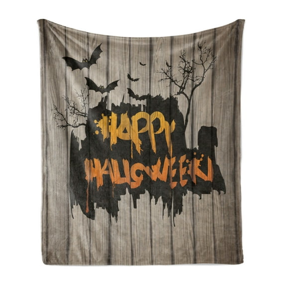 Halloween Soft Flannel Fleece Blanket, Happy Graffiti Style Lettering on Rustic Wooden Fence Scary Evil Holiday Artwork, Cozy Plush for Indoor and Outdoor Use, 50" x 60", Multicolor, by Ambesonne