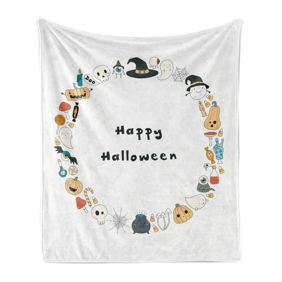 Halloween Soft Flannel Fleece Blanket, Happy Halloween Spooky Theme Pumpkin Ghosts Spider Web Line Drawing Circle Frame, Cozy Plush for Indoor and Outdoor Use, 50" x 60", Multicolor, by Ambesonne