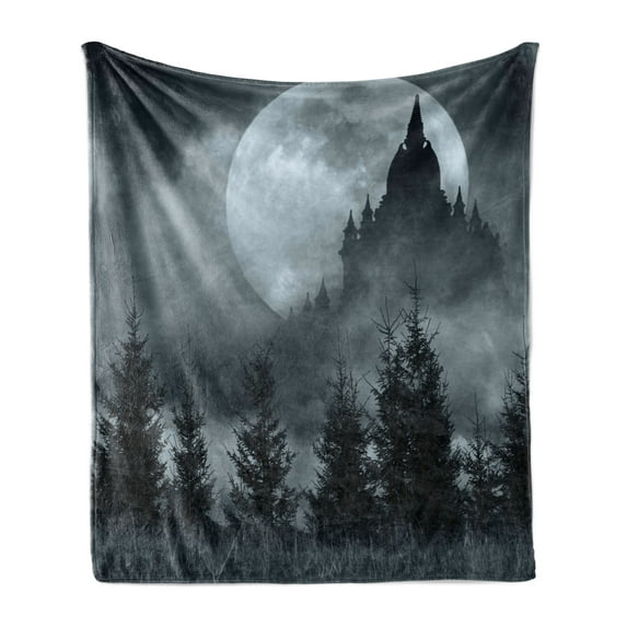 Halloween Soft Flannel Fleece Blanket, Magic Castle Silhouette over Full Moon Night Fantasy Landscape Scary Forest, Cozy Plush for Indoor and Outdoor Use, 60" x 80", Grey Pale Grey, by Ambesonne